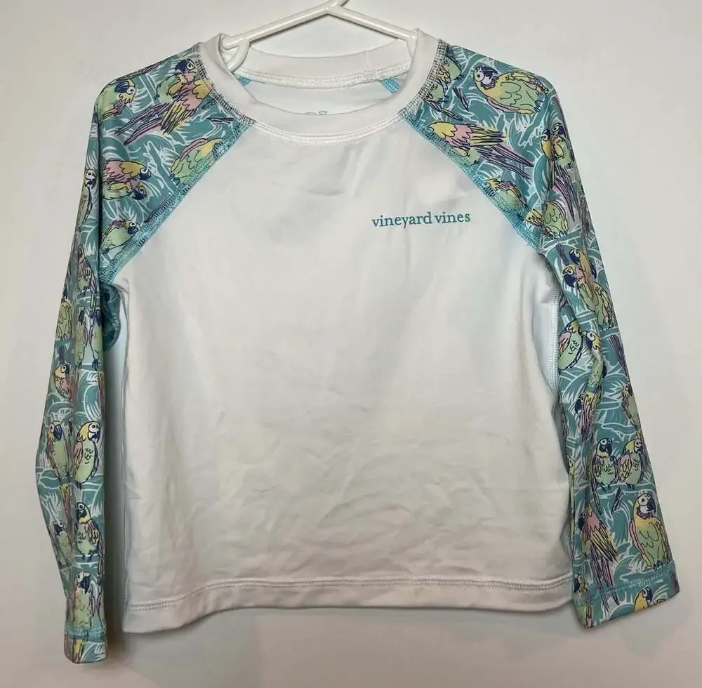 NWT Girls Vineyard Vines Rash Guard Long Sleeve Green Pink Parrots 2T New